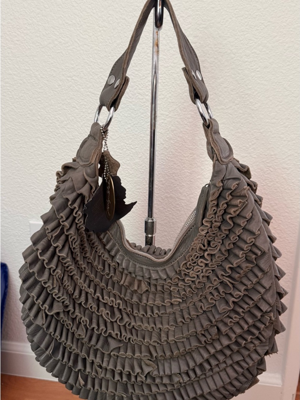 Ruffled Hobo Shoulder Bag in Charcoal - Picture 3 of 5